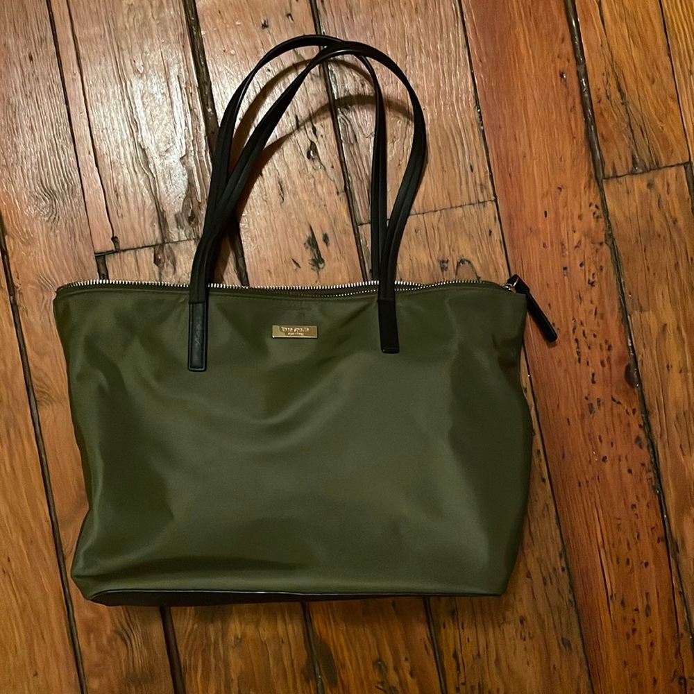Kate Spade Olive Green Purse with black straps and gold zipper